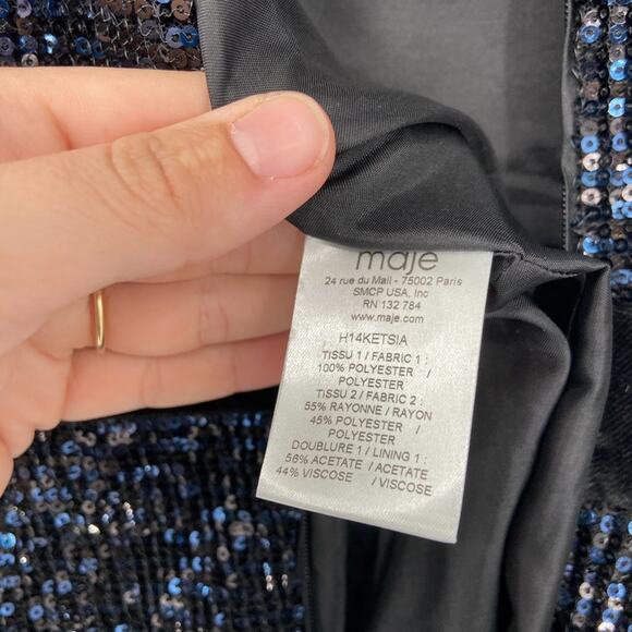 MAJE Ketsia Midnight Blue Sequined Tulle Dress Velvet Bow Small - Picture 6 of 7